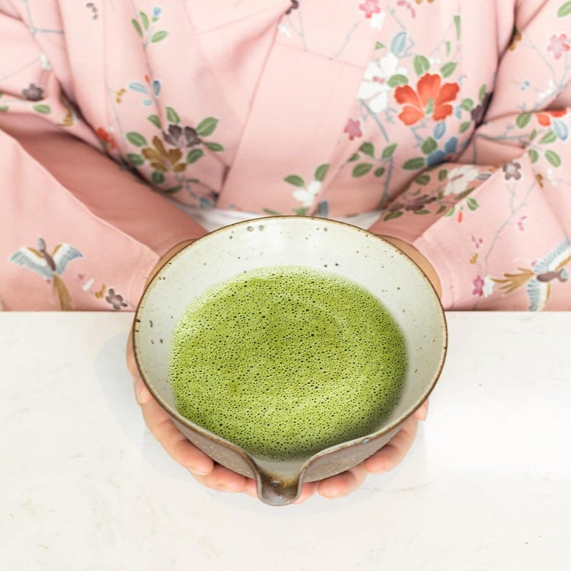 ELITEA Matcha Green Tea Bowl Chawan with Spout Pottery Clay Large - Image 2