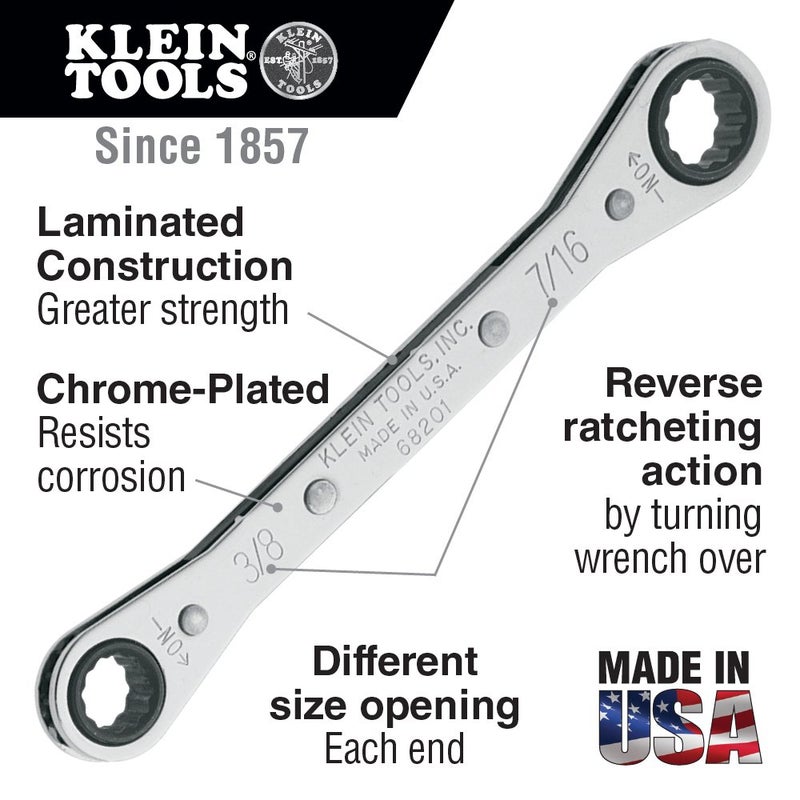 Klein Tools 68200 Ratcheting Box Wrench, Made in USA, 1/4-Inch x 5/16-Inch with Reverse Ratcheting and Chrome Plated Finish - Image 2