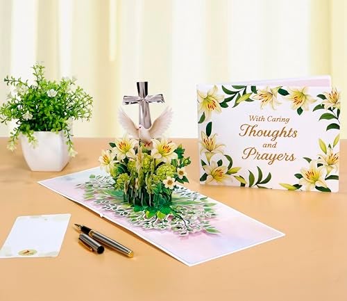 CUT POPUP.COM CUTPOPUP Religious Sympathy Card Pop Up 3D, with Caring Thoughts and Prayers, Blank Note Cards with Envelope (Lily with Cross) - Image 3