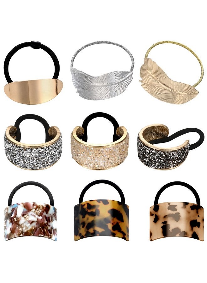 Janinka 9 Pack Ponytail Hair Cuff Metal Rhinestone Ponytail Holder Elastic Glitter Decorative Hair Tie Gold Hair Ties Wrap Cuff Tortoise Shell Ponytail Ring Holder (Charming Style) - Image 1