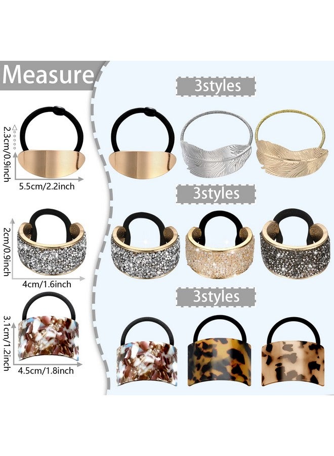 Janinka 9 Pack Ponytail Hair Cuff Metal Rhinestone Ponytail Holder Elastic Glitter Decorative Hair Tie Gold Hair Ties Wrap Cuff Tortoise Shell Ponytail Ring Holder (Charming Style) - Image 3