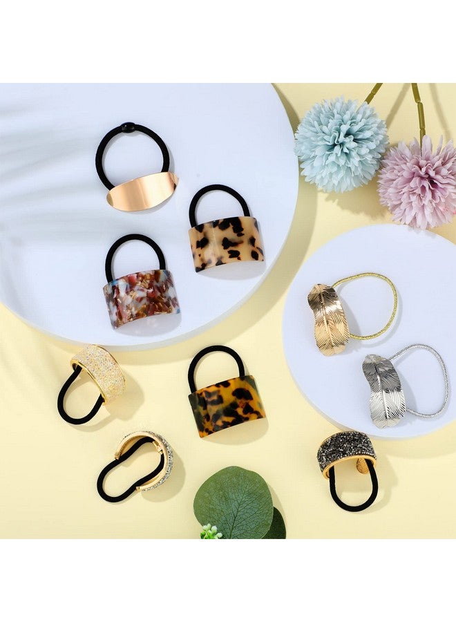 Janinka 9 Pack Ponytail Hair Cuff Metal Rhinestone Ponytail Holder Elastic Glitter Decorative Hair Tie Gold Hair Ties Wrap Cuff Tortoise Shell Ponytail Ring Holder (Charming Style) - Image 2