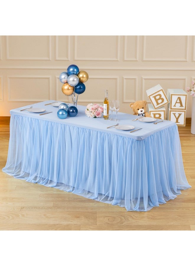 Suppromo 6ft Baby Blue Tulle Tablecloths for Rectangle Tables, 72 x 30 Inch Rectangular Table Cloth, Wrinkle Free Table Cover with Tutu Skirt for Baby Shower Boy Birthday Party Banquet Buffet Cake Table Decor - Image 1