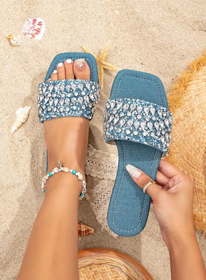 Take Two Medium Blue Embellished Flat Sandals