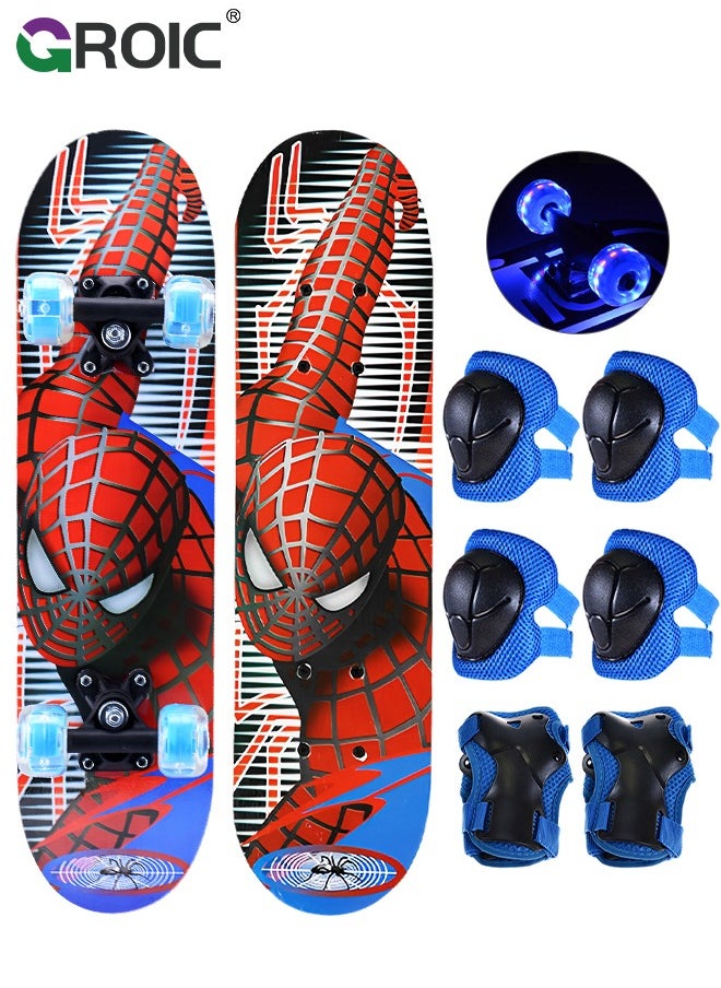 GROIC 23.6"x 6" Skateboards with 6 Pcs Skate Pads, Tricks Skate Board for Beginners Complete Skateboard with Colorful LED Light Up Wheels, Knee and Elbow Pads & Wrist Guards Adjustable Protective Gear Sets  - Image 1