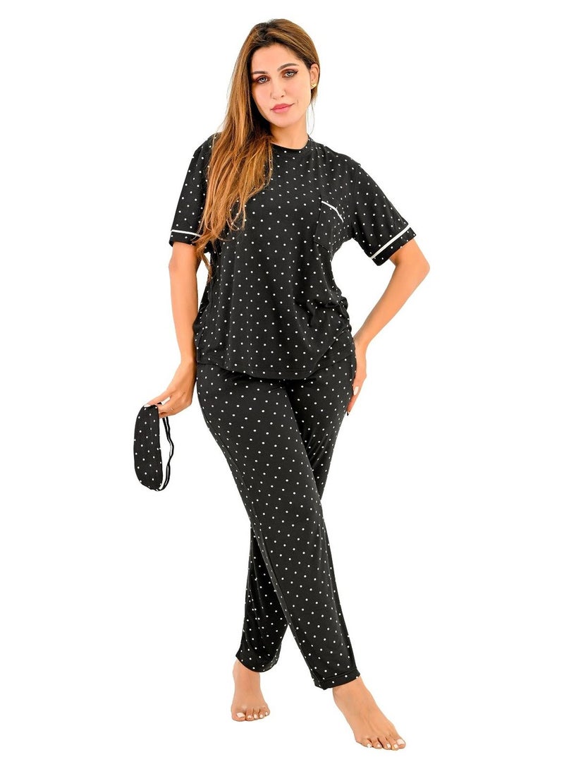 Women's pajama set - a summer wear of 2 pieces - pants and a T-shirt and sleep glasses - patterned with different designs and specially designed to provide comfort and freshness. - Image 1