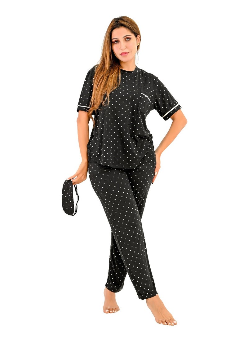 Women's pajama set - a summer wear of 2 pieces - pants and a T-shirt and sleep glasses - patterned with different designs and specially designed to provide comfort and freshness.  - Image 1