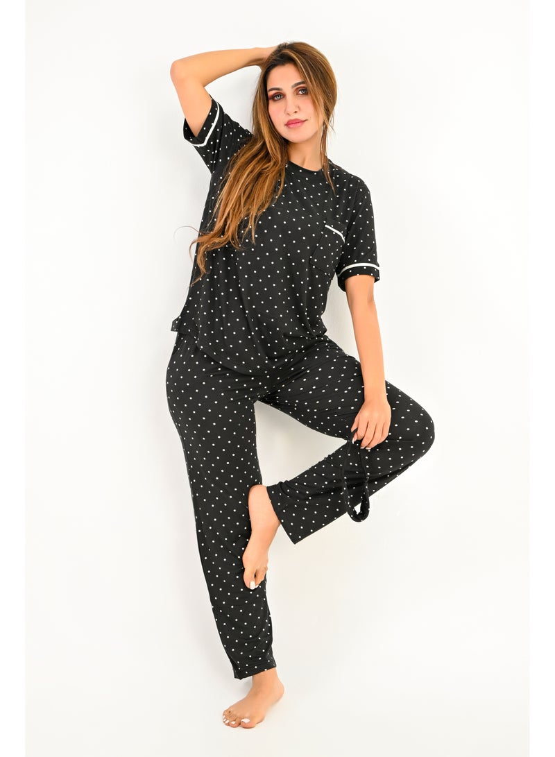 Women's pajama set - a summer wear of 2 pieces - pants and a T-shirt and sleep glasses - patterned with different designs and specially designed to provide comfort and freshness.  - Image 2