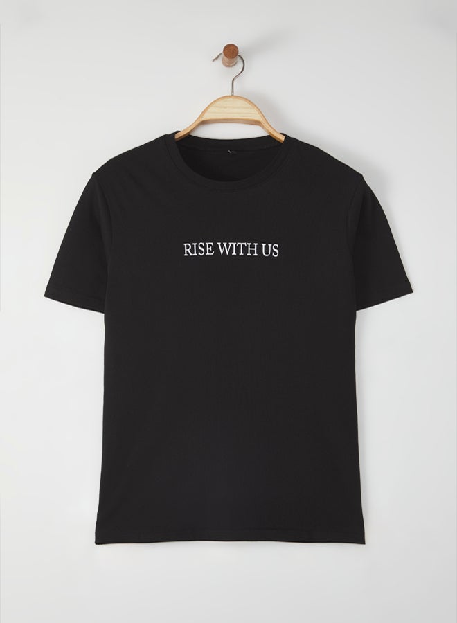 trendyol Black Slim/Slim Cut Printed Cotton Thick T-Shirt - Image 1