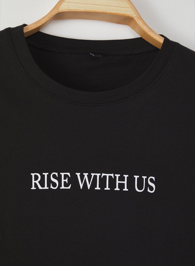 trendyol Black Slim/Slim Cut Printed Cotton Thick T-Shirt - Image 3