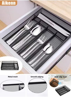 Aikenn Carbon Steel Cutlery Storage Box Grid Storage Box 5-Grid Storage Box Mesh Metal Cutlery Tray Kitchen Restaurant Knife And Fork Storage Basket With Non-Slip Foot Pad Hollow Design Suitable For Kitchen Living Room (Black)  - Image 1