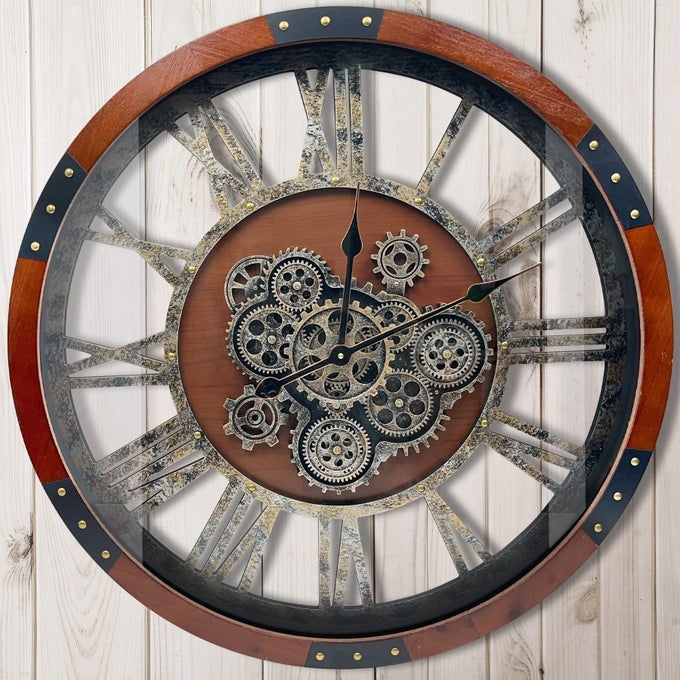 24 ORIGINAL MOVING GEARS WALL CLOCK LARGE INDUSTRIAL WALL CLOCK FOR LIVING ROOM DECOROVERSIZED WOOD VINTAGE FARMHOUSE STEAMPUNK RUSTIC CLOCKS FOR WALL DECORBLACK WALNUT