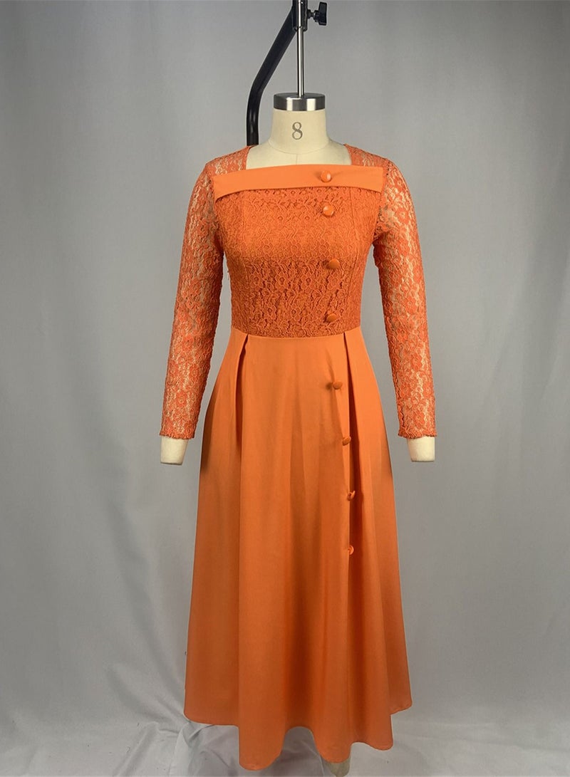 Loquat Lace Dress With High Waist And Long Sleeve Orange  - Image 1