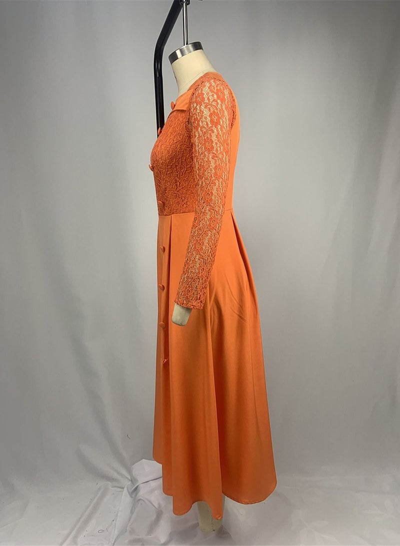 Loquat Lace Dress With High Waist And Long Sleeve Orange  - Image 2