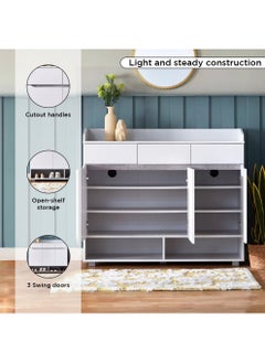 Home Box Vienna 22-Pair Shoe Cabinet 8 Shelves Engineered Wood With 3 Doors And 3 Drawers 38 x 104 x 120 cm White  - Image 5