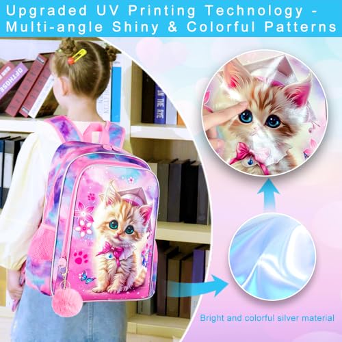 gxtvo 3PCS Girls Cat Bookbag 16 Kids Backpackwith Lunch Box Water Resistant School Bag for Elementary Preschool Toddler - Image 3