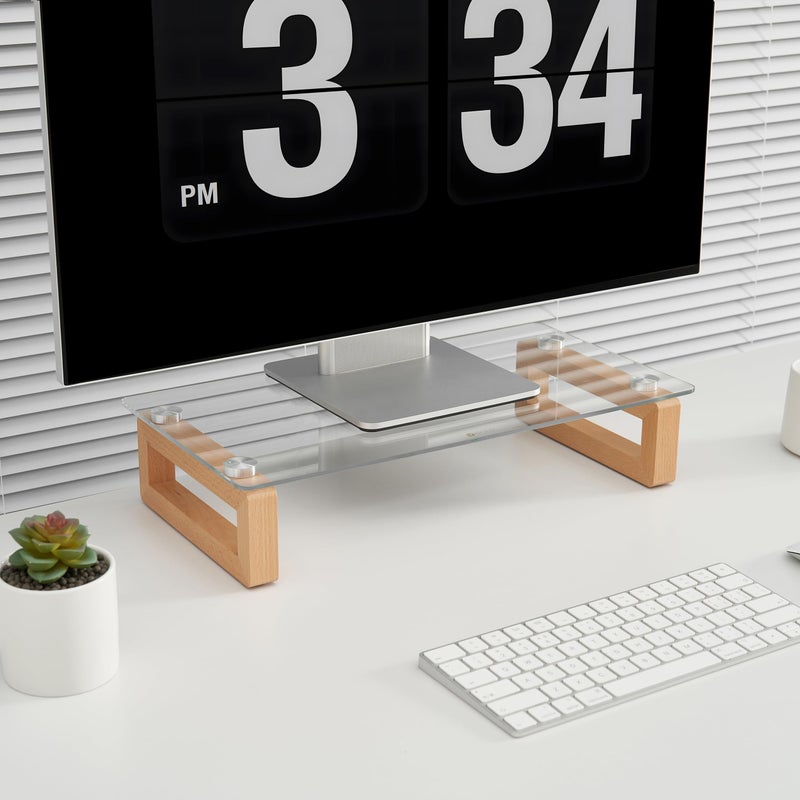 YEOUX Multi-Purpose Desktop Stand, Clear Floating Computer Monitor Riser with Natural Wood Base, Desk Organization Shelf for Printer, Laptop, Audio Device, Flat Screen - Image 2