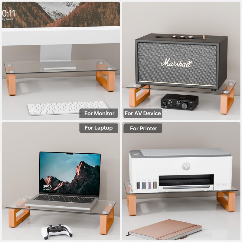 YEOUX Multi-Purpose Desktop Stand, Clear Floating Computer Monitor Riser with Natural Wood Base, Desk Organization Shelf for Printer, Laptop, Audio Device, Flat Screen - Image 4