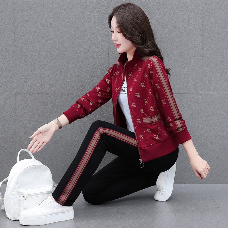 2024 spring new three-piece suit fashion leisure sports suit womens cotton middle-aged mother contrast color square dance Wine Red - Image 1