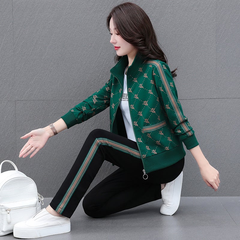 2024 spring new three-piece suit fashion leisure sports suit womens cotton middle-aged mother contrast color square dance Wine Red - Image 4