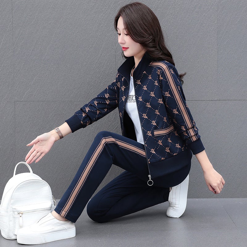 2024 spring new three-piece suit fashion leisure sports suit womens cotton middle-aged mother contrast color square dance Wine Red - Image 3