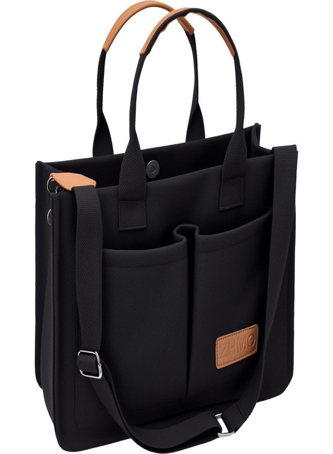 ZHMO Canvas Tote Bag With Pockets Crossbody Bags for Women,Black Purses and Handbags Shoulder Bag for School Weekend Grocery - Image 1