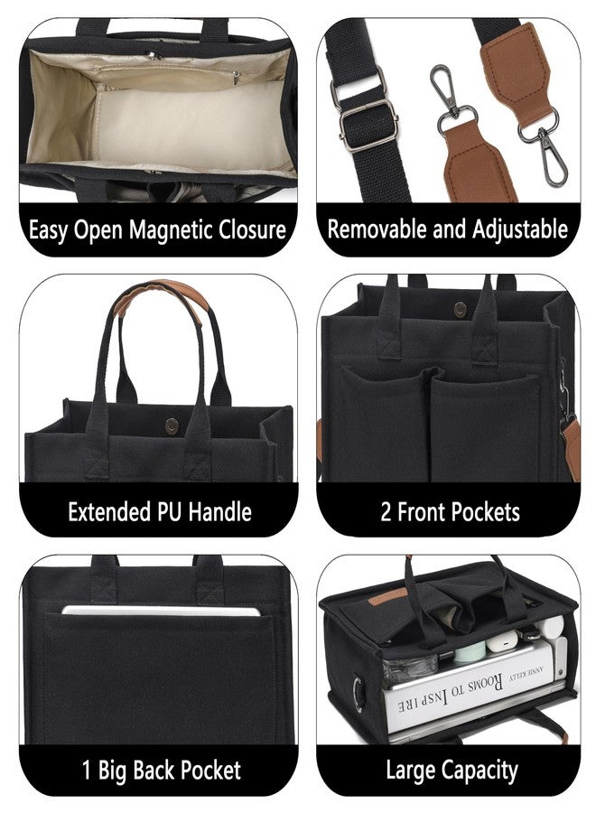ZHMO Canvas Tote Bag With Pockets Crossbody Bags for Women,Black Purses and Handbags Shoulder Bag for School Weekend Grocery - Image 5