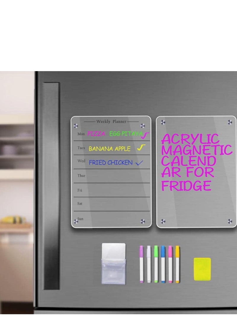 SYOSI - 2 PCS 9"x13" Clear Weekly Meal Planner Magnetic Acrylic Board,Acrylic Magnetic Dry Erase Board for Fridge, Magnet Week Calendar for Refrigerator Includes 6 Colors Markers and Pen Container - Image 1