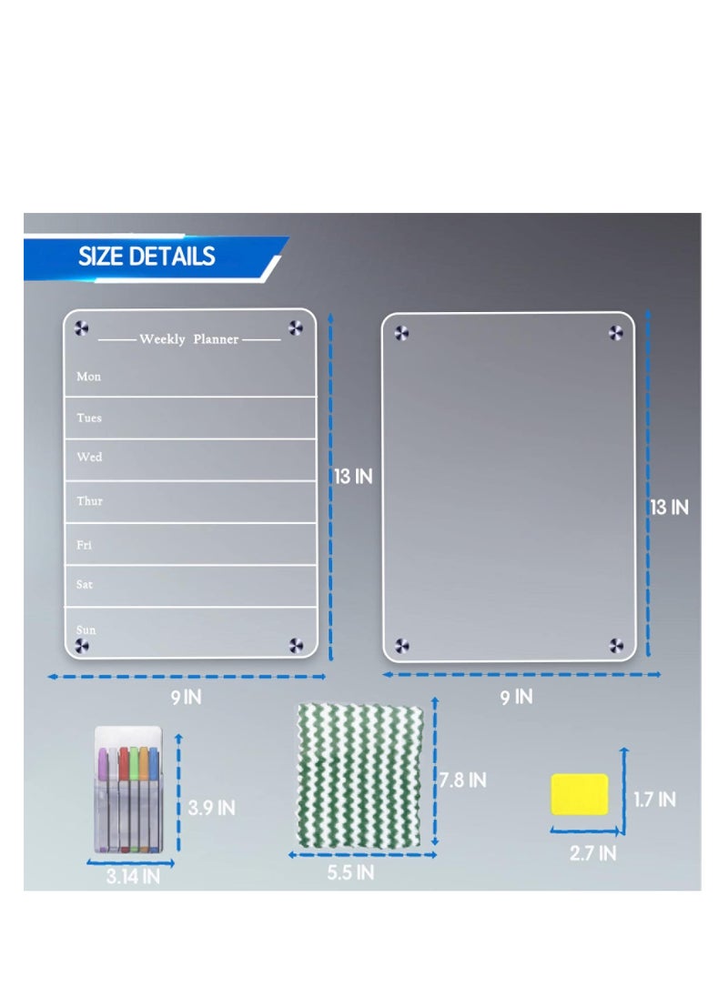 SYOSI - 2 PCS 9"x13" Clear Weekly Meal Planner Magnetic Acrylic Board,Acrylic Magnetic Dry Erase Board for Fridge, Magnet Week Calendar for Refrigerator Includes 6 Colors Markers and Pen Container - Image 1