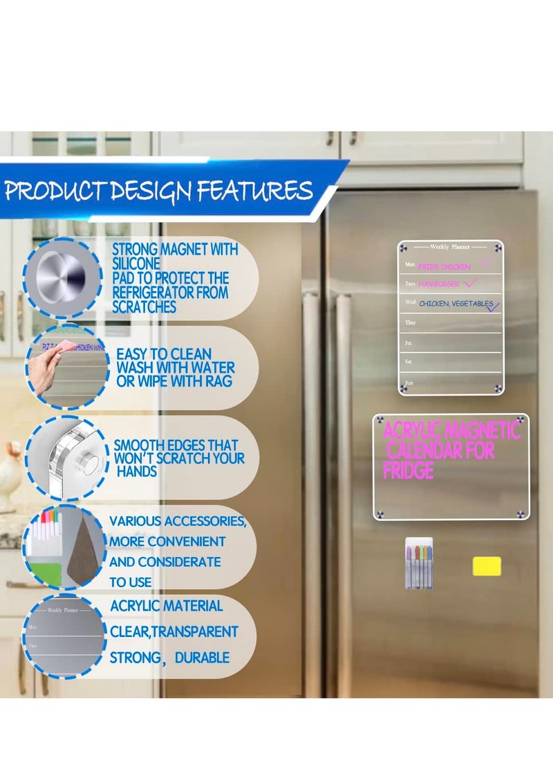 SYOSI - 2 PCS 9"x13" Clear Weekly Meal Planner Magnetic Acrylic Board,Acrylic Magnetic Dry Erase Board for Fridge, Magnet Week Calendar for Refrigerator Includes 6 Colors Markers and Pen Container - Image 1