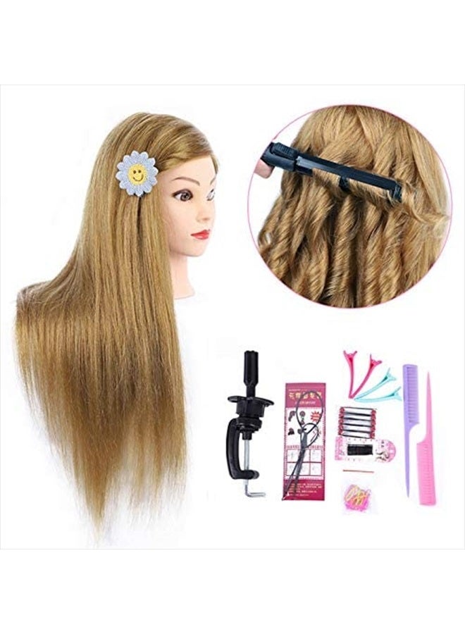 Medo 26 Inch Makeup Mannequin Head Long Straight Hair Dresser & Practice Long Training Head Brown Synthetic Hair with 50% Real Hair Braiding Manikin Head Doll Cosmetology Head And Clamp(Makeup on, 27) - Image 1