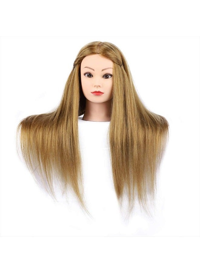 Medo 26 Inch Makeup Mannequin Head Long Straight Hair Dresser & Practice Long Training Head Brown Synthetic Hair with 50% Real Hair Braiding Manikin Head Doll Cosmetology Head And Clamp(Makeup on, 27) - Image 3