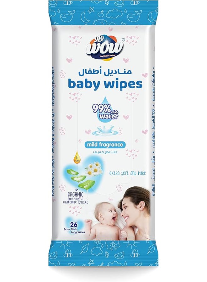 WOW Baby Wipes - Mild Fragrance 99% Water Wipes| Extra Thick Long with Organic Aloe Vera, Chamomile Extract and Vitamin E, Gentle on sensitive skin| 26's (2 + 1) Value Pack | 78 Wipes - Image 2