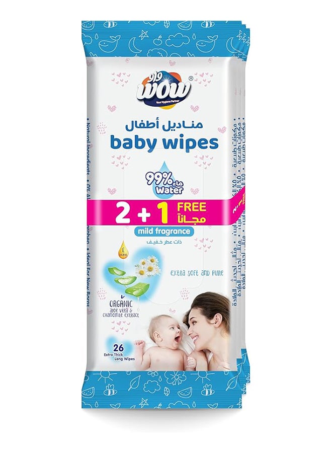 WOW Baby Wipes - Mild Fragrance 99% Water Wipes| Extra Thick Long with Organic Aloe Vera, Chamomile Extract and Vitamin E, Gentle on sensitive skin| 26's (2 + 1) Value Pack | 78 Wipes - Image 1