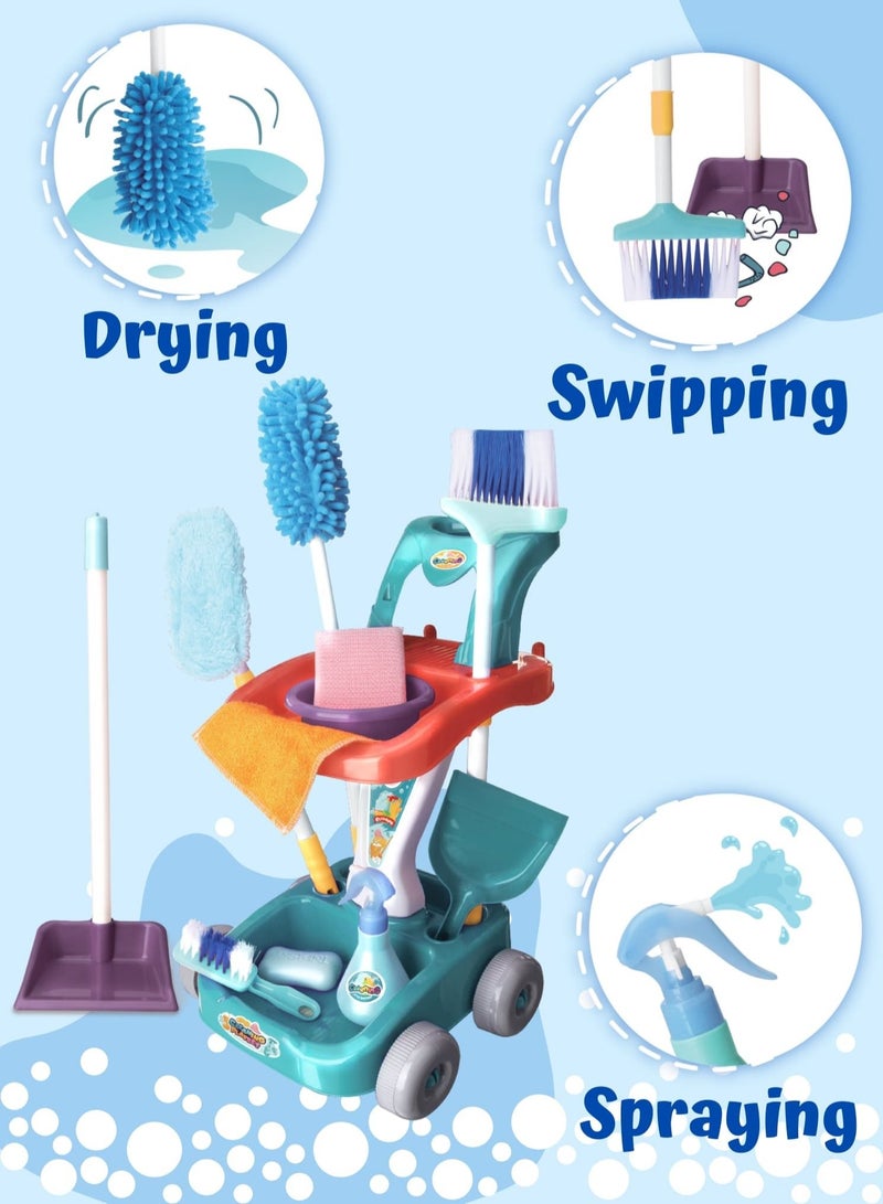 Fitto Kids House Cleaning Complete Set For Kids, Pretend Play Home Cleaning Tools Supplies Kit For Boys and Girls, with Mop, Broom, Dust Pan Spray Bottle, Cleaning Trolley, Learning Toys, Blue. - Image 3