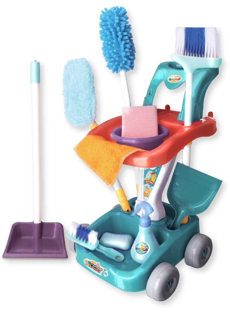Fitto Kids House Cleaning Complete Set For Kids, Pretend Play Home Cleaning Tools Supplies Kit For Boys and Girls, with Mop, Broom, Dust Pan Spray Bottle, Cleaning Trolley, Learning Toys, Blue. - Image 1