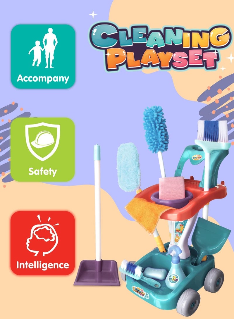 Fitto Kids House Cleaning Complete Set For Kids, Pretend Play Home Cleaning Tools Supplies Kit For Boys and Girls, with Mop, Broom, Dust Pan Spray Bottle, Cleaning Trolley, Learning Toys, Blue. - Image 5
