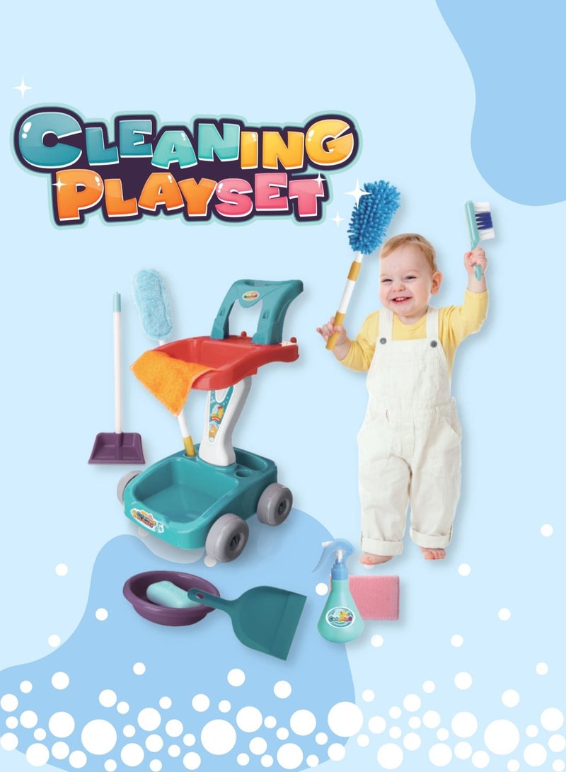 Fitto Kids House Cleaning Complete Set For Kids, Pretend Play Home Cleaning Tools Supplies Kit For Boys and Girls, with Mop, Broom, Dust Pan Spray Bottle, Cleaning Trolley, Learning Toys, Blue. - Image 2