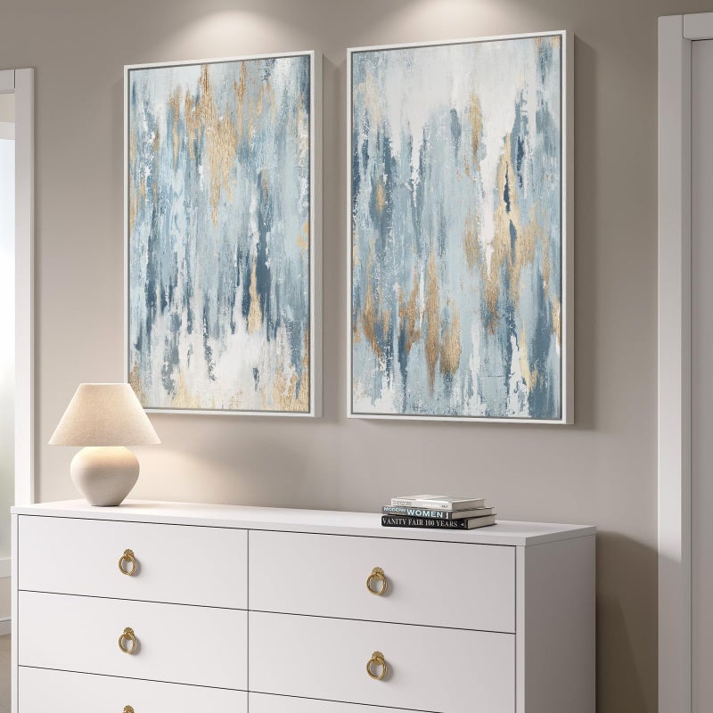 Cuspin Large White Framed Blue and Gold Abstract Canvas Wall Art, 2 Piece Modern Minimalist Art Prints Paintings Artwork for Walls, Glitter Pictures for Living Room, Dining Room, Bedroom Wall Decor 20x30 In - Image 2