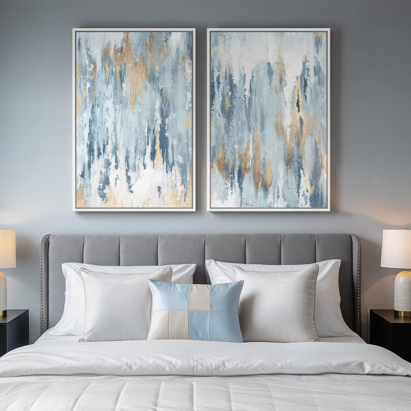 Cuspin Large White Framed Blue and Gold Abstract Canvas Wall Art, 2 Piece Modern Minimalist Art Prints Paintings Artwork for Walls, Glitter Pictures for Living Room, Dining Room, Bedroom Wall Decor 20x30 In - Image 4