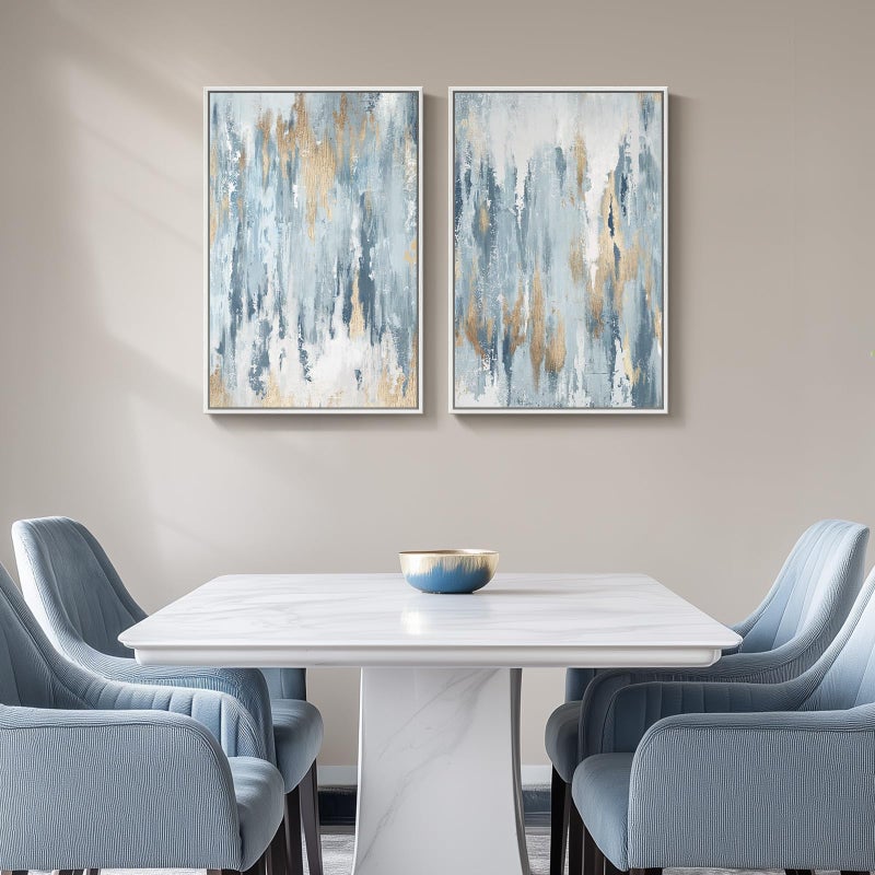 Cuspin Large White Framed Blue and Gold Abstract Canvas Wall Art, 2 Piece Modern Minimalist Art Prints Paintings Artwork for Walls, Glitter Pictures for Living Room, Dining Room, Bedroom Wall Decor 20x30 In - Image 5