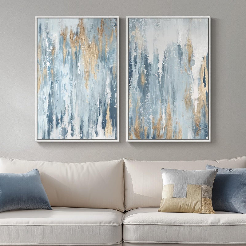 Cuspin Large White Framed Blue and Gold Abstract Canvas Wall Art, 2 Piece Modern Minimalist Art Prints Paintings Artwork for Walls, Glitter Pictures for Living Room, Dining Room, Bedroom Wall Decor 20x30 In - Image 1
