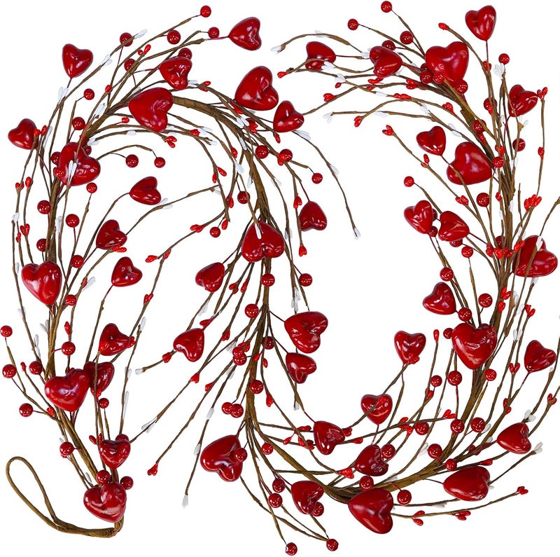 Winlyn Winlyn 52 Valentines Day Garland Red Heart and Berry Garland Red Heart Burgundy Berry Pip Berry Artificial Garland Decorations for Spring Wedding Valentine Fireplace Mantel Table Dcor  - Image 1