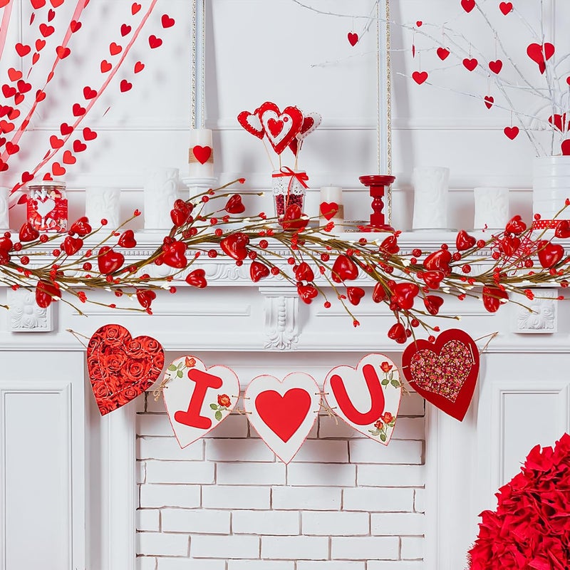 Winlyn Winlyn 52 Valentines Day Garland Red Heart and Berry Garland Red Heart Burgundy Berry Pip Berry Artificial Garland Decorations for Spring Wedding Valentine Fireplace Mantel Table Dcor  - Image 3