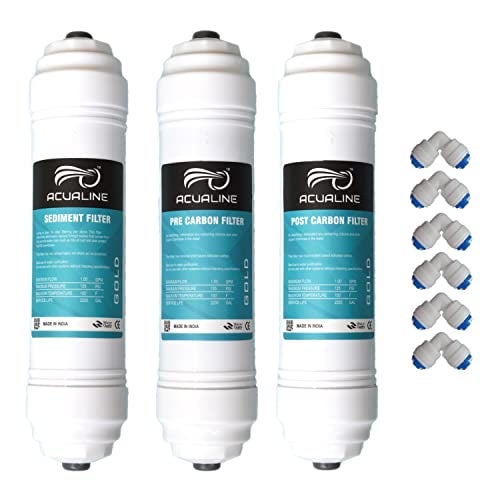 ACUALINE Gold Inline Filter Set Pre Carbon, Post Carbon (GAC), Sediment Filter, Push Fit Elbow Connectors, Compatible with Dolphin, Bluestar and Other RO System - Image 1