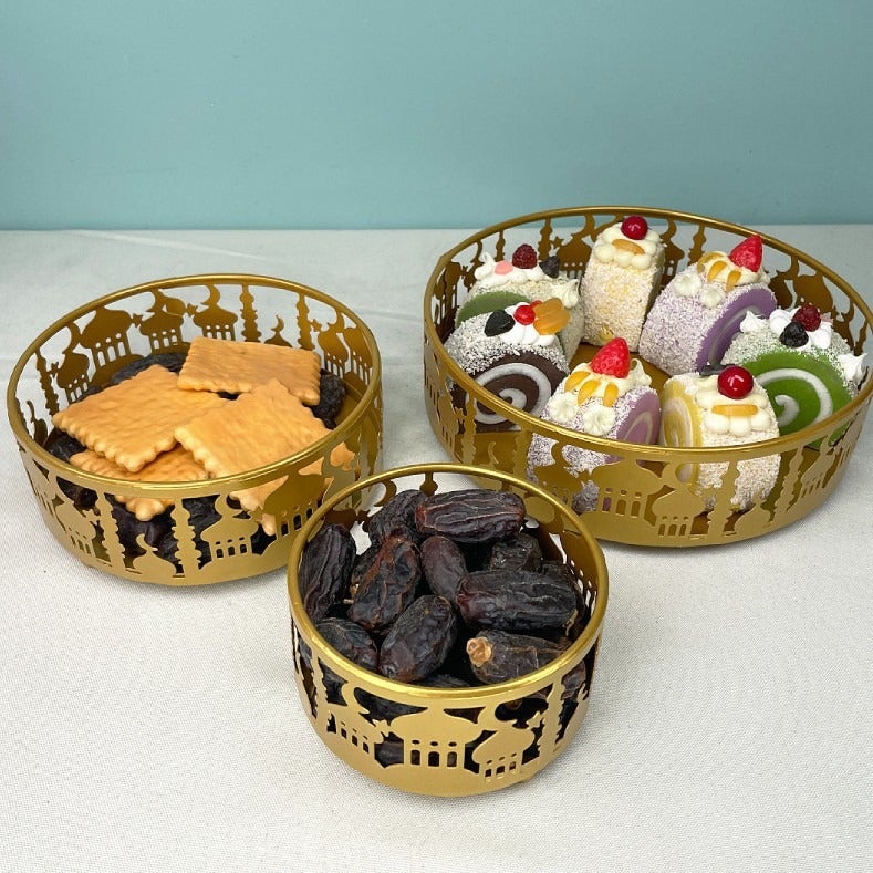 Cross-Border New Arrival: Golden Iron Tray Set for Eid Al-Adha, Three-Piece Home Storage & Candy  Box - Image 1