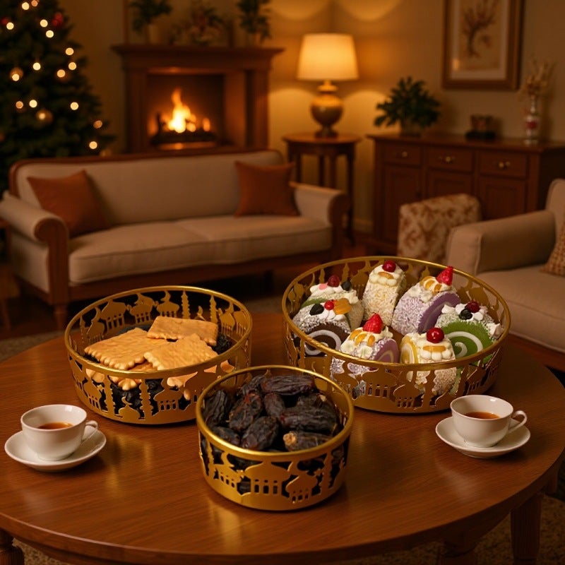 Cross-Border New Arrival: Golden Iron Tray Set for Eid Al-Adha, Three-Piece Home Storage & Candy  Box - Image 2