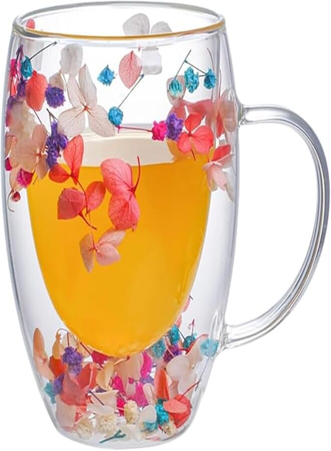 Generic Double Wall Glass Cup with Dried Flowers, Insulated Tea and Coffee Mug with Handle, Heat Resistant (Multi color Dried Flowers)