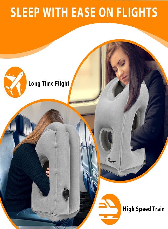 Skyrest Inflatable Travel Pillow - Airplane Pillow for Neck Support on Long Flights, Buses, Cars, Office & Trains - Comes with Eye Mask, Earplugs & Portable Drawstring Bag - Grey - Image 2