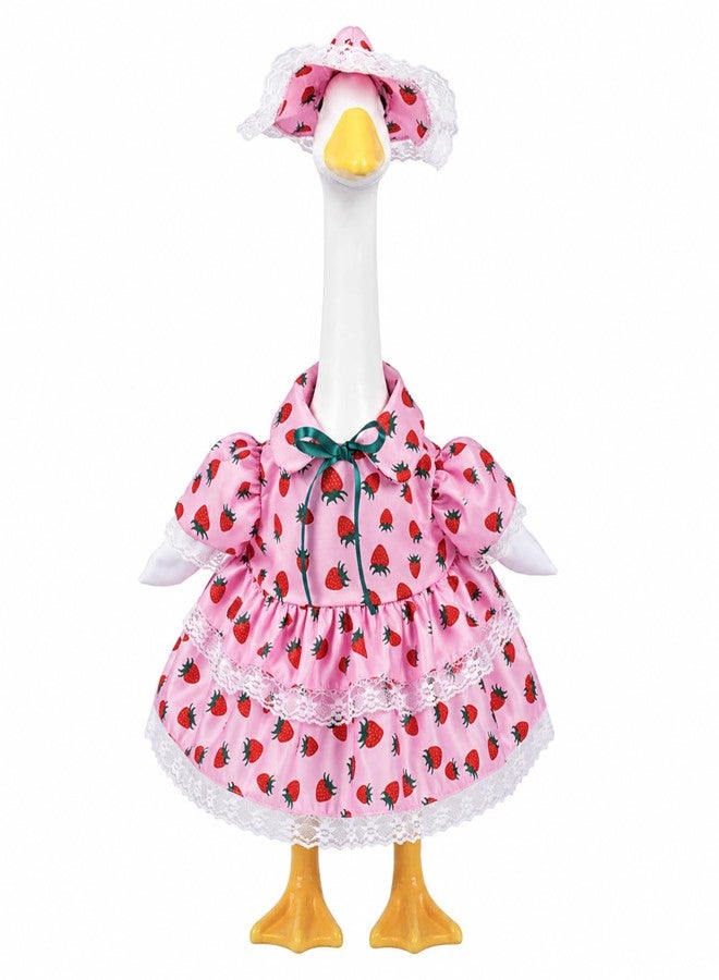paminify 23 Inch Summer Strawberry Porch Goose Outfit, Pink Countryside Dress with Sun Hat, Seasonal Decorative Goose Clothes for Yard Lawn Patio Decor - Image 1